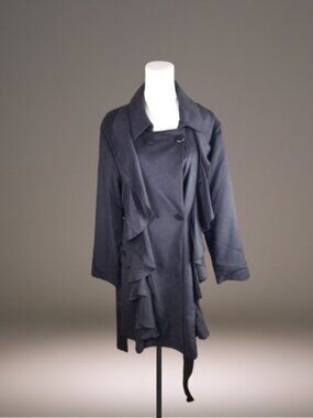 Samuel Dong Womens XL Black Ruffle Belted Trench Coat NWT $169